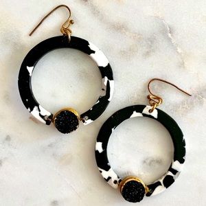 Black White & Gold Drop Hoop Earrings ✨